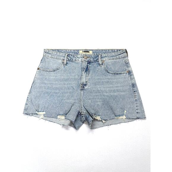 Rock & Roll Denim Pants - Rock & Roll Denim Diamond Stud Shorts Size 33 Raw Hem Stretch High Rise Sparkle